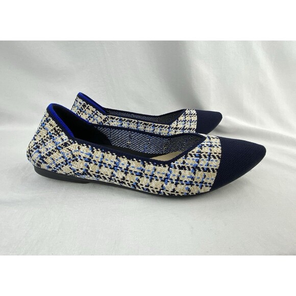 ROTHYS Point II Flats Size 8 Sunny Tweed Cream Blue Navy Pointed Knit Fall MINT! - Picture 1 of 13